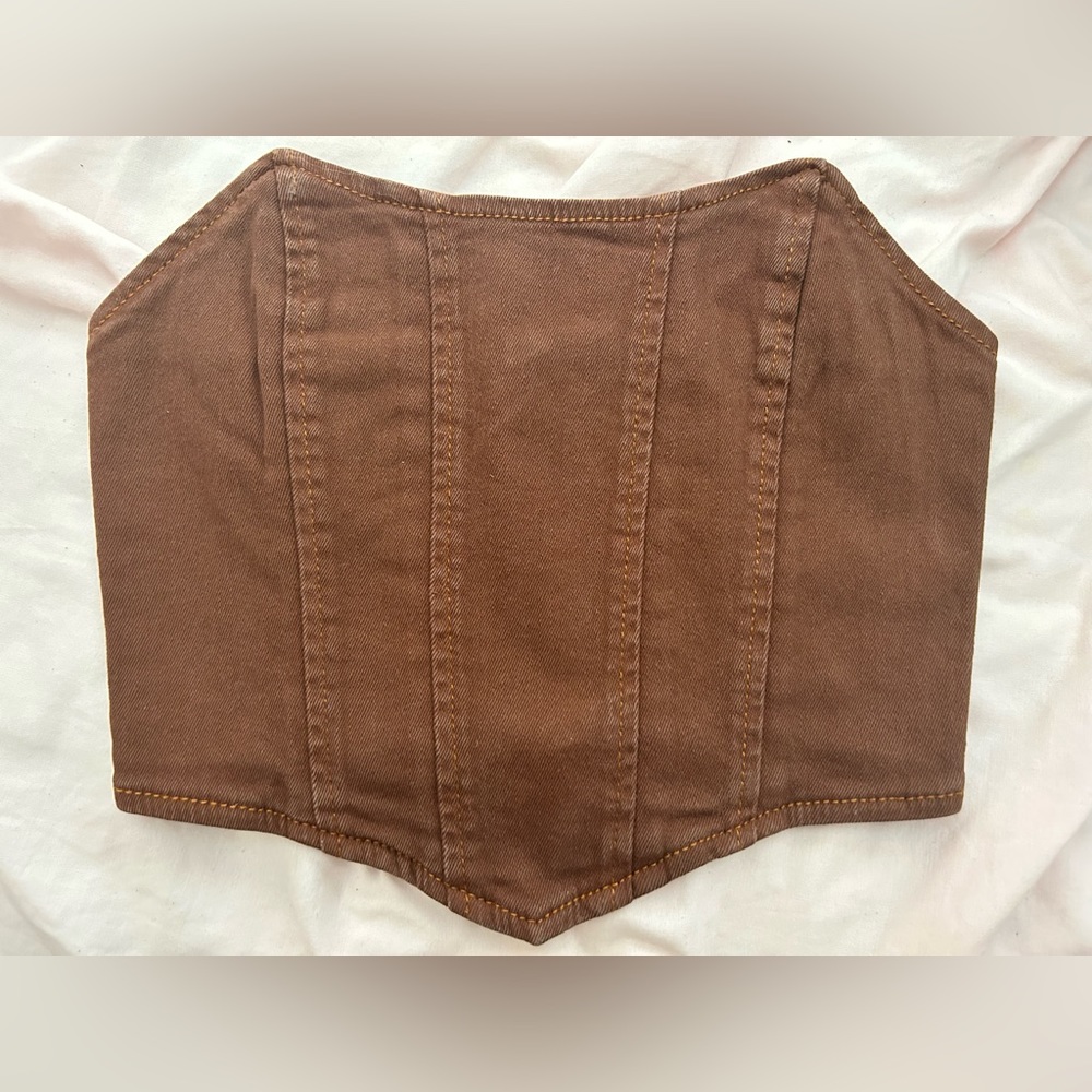 Edikted XS Katie Denim Brown Corset Crop Top